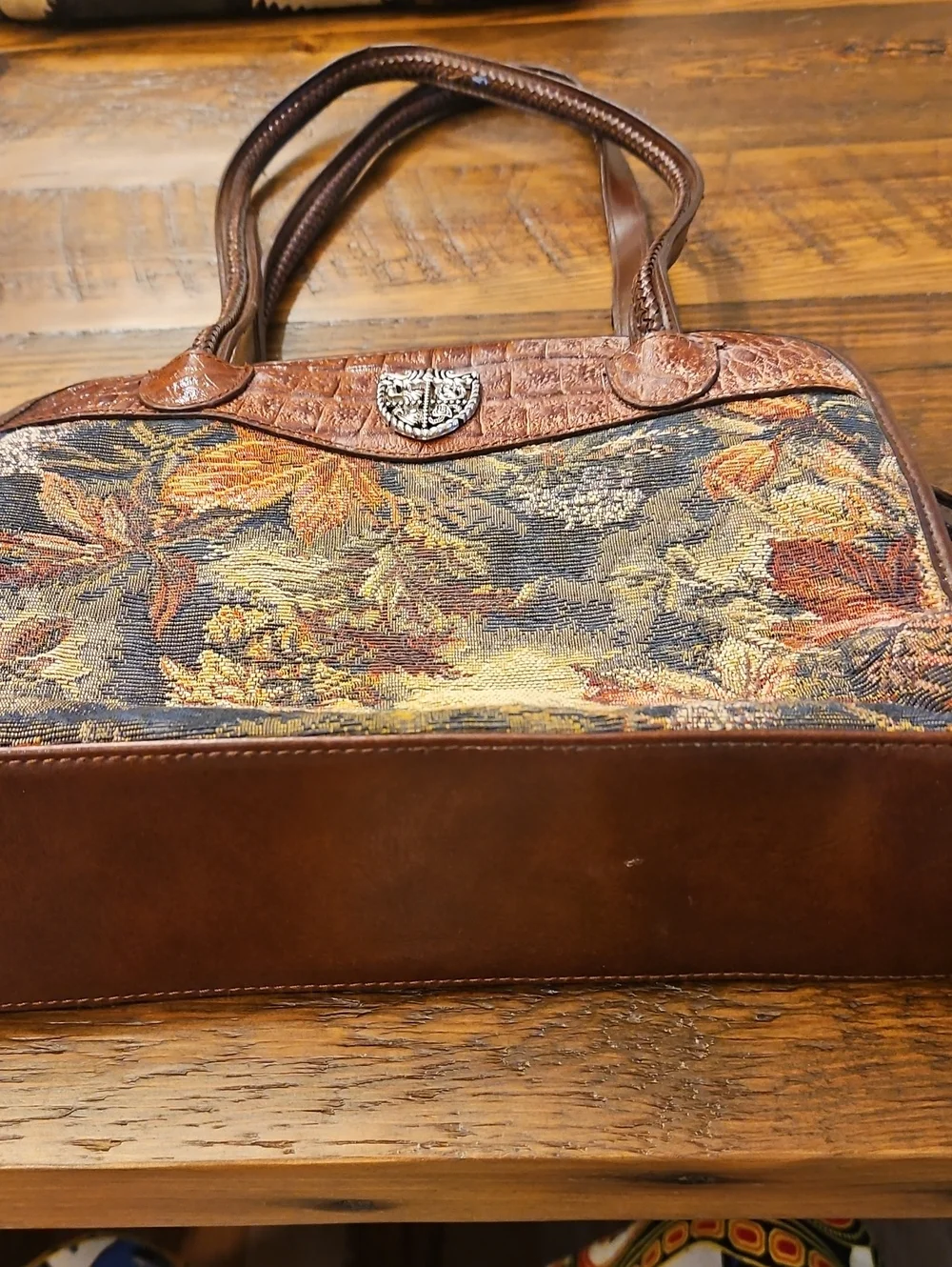 Vintage Marc Chantal Brown Floral Tapestry Shoulder Bag with Leather Trim